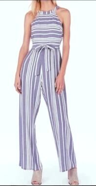 Express White Blue Striped Wide Leg High Halter Neck Jumpsuit One Piece Size L